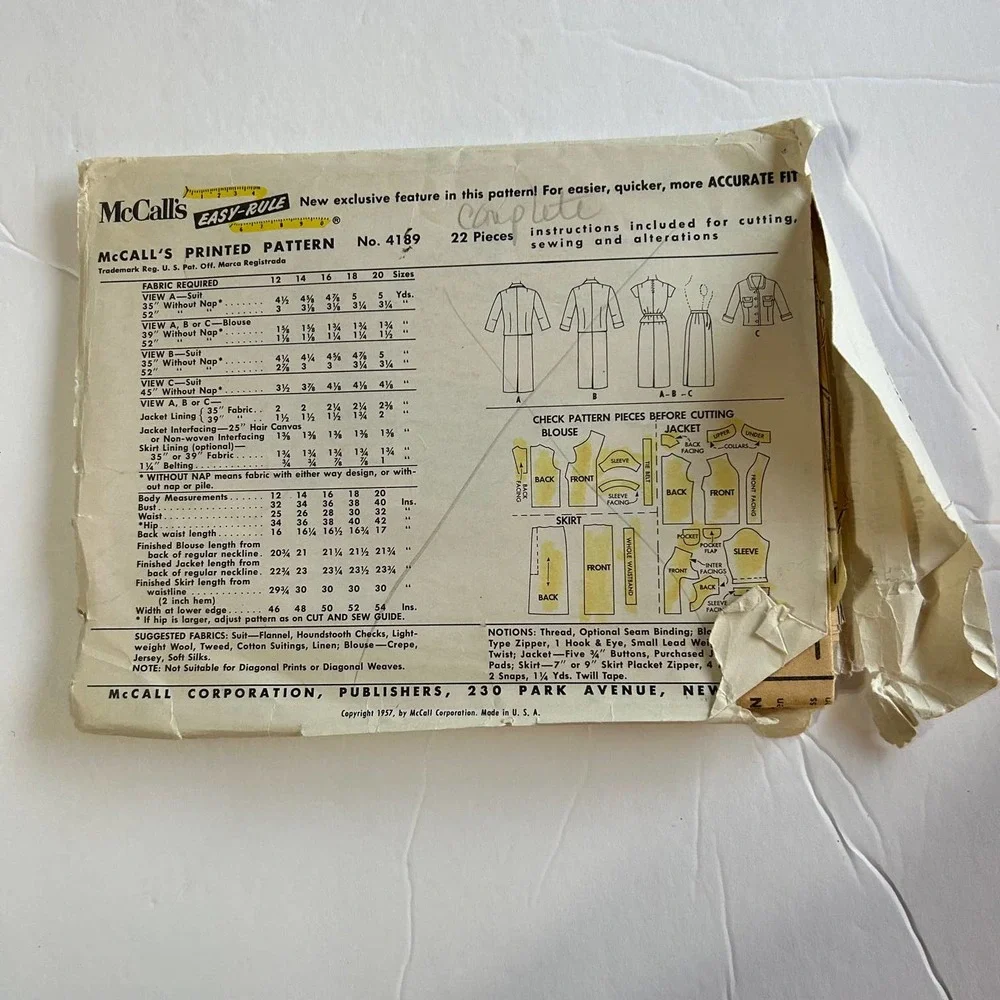 McCalls Vintage 1950's Pattern #4189 Women's 2 Piece Suit &‎ Blouse Size 18 RARE